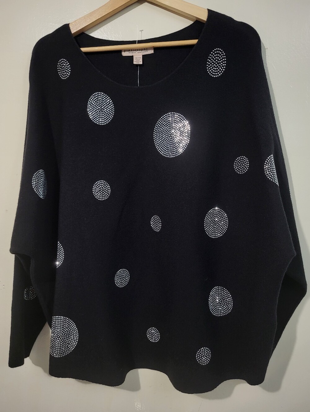 Philosophy Black Crewneck Sweater with Silver Rhinestone Dots 2XLarge New